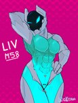 abs anthro armor biceps big_breasts blue_eyes breasts featureless_breasts featureless_crotch female glowing glowing_eyes headgear helmet machine metal_skin mouthless muscular muscular_female not_furry screen screen_face simple_background solo thick_thighs triceps visor visor_helmet wide_hips oxtra spookyboi liv_(spookyboi) ambiguous_species android humanoid robot