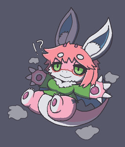 ambiguous_form black_sclera blue_inner_ear bottomless breasts claw_fingers claws clothed clothing countershade_face countershade_feet countershade_hands countershade_tail countershade_torso countershading eyewear feet female glasses green_eyes grey_background hair horn implied_transformation inner_ear_fluff interrobang midair pink_body pink_hair plushie shirt simple_background sitting slight_blush solo tail topwear tuft white_ears white_inner_ear_fluff oagoner aster_(oagoner) unknown_species 2024 colored