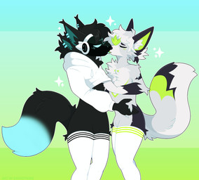 anthro blush clothing duo ear_piercing femboy hand_on_hip hand_under_clothing legwear machine making_out male male/male piercing sweater thigh_highs topwear dignotions evergreen_(chillcapybaraaa) void_(voiddeveloper) canid canine fox mammal protogen absurd_res hi_res