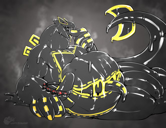 anthro belly belly_mouth big_belly big_penis black_body black_goo feet fingers genitals humanoid_genitalia humanoid_penis jewelry long_mouth looking_at_viewer male necklace open_mouth oral_vore penis pokeball pokeball_necklace simple_background solo swallowing tail tongue tongue_out vore alnix nintendo pokemon generation_2_pokemon goo_creature legendary_pokemon lugia pokemon_(species) hi_res