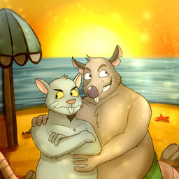 4_fingers anthro beach beard belly clothing detailed_background duo facial_hair fingers fur grey_body grey_fur happy hug humanoid_hands male male/male open_mouth outside overweight overweight_male smile standing sunset swimwear berryrpgmakerb brok_the_investigator cowcat_games guard_(brok_the_investigator) hacker_(brok_the_investigator) mammal mouse murid murine rat rodent 1:1 2026 hi_res