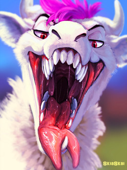 black_eyebrows bodily_fluids depth_of_field eyebrows feral forked_tongue front_view fur gaping_mouth hair horn imminent_vore iris looking_at_viewer male monotone_body monotone_face monotone_fur monotone_horn mouth_shot open_mouth pink_hair pink_tongue pupils red_eyes saliva saliva_string short_hair snout solo teeth tongue white_body white_ears white_face white_fur white_horn skiaskai mythology nylla dragon furred_dragon furred_scalie mythological_creature mythological_scalie scalie 2018 3:4 digital_media_(artwork) headshot_portrait hi_res portrait