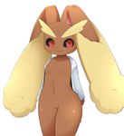 :3 anthro black_sclera blonde_eyebrows bottomless bottomless_anthro bottomless_female breasts brown_body brown_ears brown_fur clothed clothing collarbone eyebrows featureless_breasts featureless_crotch female female_anthro front_view fur iris looking_at_viewer navel pupils red_eyes small_breasts solo thick_eyebrows topwear white_clothing white_topwear yellow_body yellow_ears yellow_fur sum nintendo pokemon generation_4_pokemon lagomorph lopunny mammal pokemon_(species) hi_res portrait three-quarter_portrait