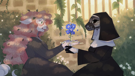 anthro black_sclera blush clothed clothed_anthro clothed_female clothing duo eye_contact female female_anthro flower fully_clothed fully_clothed_anthro fully_clothed_female fur green_eyes grey_body hair holding_flower holding_object long_hair looking_at_another muzzle_(object) muzzled nun_habit pink_hair pivoted_ears plant religious_clothing side_view sitting snout white_body white_eyes white_fur lilibe petra_(lilibe) rosemary_(lilibe) aquatic felid leopard_seal mammal pinniped prehistoric_species saber-toothed_tiger seal 16:9 digital_media_(artwork) hi_res widescreen