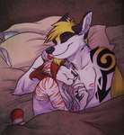 anthro bed duo eyes_closed female furniture male pillow size_difference sleeping smile reoisready canid canine felid feline mammal 2012