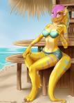 4_toes 5_fingers anthro barefoot beach bikini biped breasts clothed clothing day detailed_background digitigrade feet female fingers fur green_eyes hair midriff navel non-mammal_breasts outside purple_hair seaside solo swimwear tail toes two-piece_swimsuit yellow_body yellow_fur silvermoonfox mythology alayana dragon furred_dragon furred_scalie mythological_creature mythological_scalie scalie