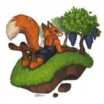 4_toes 5_fingers anthro blue_eyes clothed clothing digitigrade feet female fingers food fruit fur grape lying on_front orange_body orange_fur plant simple_background solo toes white_background katie_hofgard raina_(brian_edwards) canid canine fox mammal 1:1 2016 digital_media_(artwork)