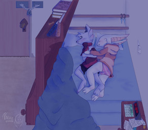 alarm_clock anthro bed bedroom black_nose book bookshelf bottomwear bulge calendar clock clothed clothing cuddling dresser duo eyes_closed fur furniture hoodie hug inner_ear_fluff key lock lying male male/male night no_pupils on_bed on_side panties panties_bulge paper pattern_clothing pill_bottle pillow shorts smile striped_clothing stripes text topwear tuft underwear yumuyumu canid canine canis jackal mammal absurd_res digital_media_(artwork) hi_res