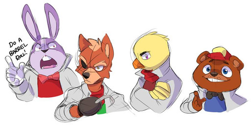 alternate_species anthro anthrofied beak blue_eyes bow_(feature) bow_tie eye_patch eyewear furrification group hook hook_hand male pink_eyes pirate red_eyes simple_background white_background yellow_eyes shuffahlong five_nights_at_freddy's nintendo scottgames star_fox bonnie_(fnaf) chica_(fnaf) falco_lombardi fox_mccloud foxy_(fnaf) freddy_(fnaf) peppy_hare slippy_toad avian bear bird canid canine chicken fox galliform hare lagomorph leporid mammal phasianid rabbit crossover