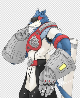 anthro blue_body blue_fur championship_belt clothing eyewear fur gloves handwear jet_pack male muscular muscular_anthro muscular_male solo sunglasses yellow_eyes berrysaladberry bandai_namco digimon canid canine digimon_(species) machgaogamon mammal hi_res