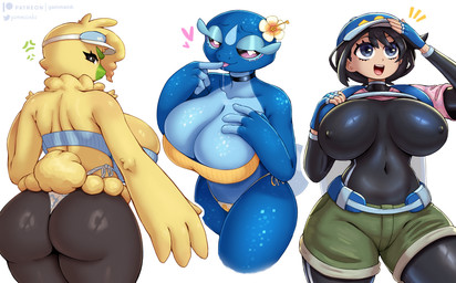 4_fingers 5_fingers anthro bar_emanata beak beak_closed big_breasts big_butt bikini black_body black_bodysuit black_choker black_clothing black_jewelry black_latex black_necklace black_skinsuit blue_body blue_clothing blue_fingerless_gloves blue_gloves blue_handwear bodysuit breasts butt choker cleavage clothed clothing cross-popping_vein emanata eyebrows eyelashes feather_hands feathers female fingerless_gloves fingers flower glistening glistening_butt glistening_clothing glistening_skinsuit gloves green_eyebrows hair handwear hat headgear headwear heart_symbol huge_breasts jewelry latex latex_bodysuit latex_clothing latex_skinsuit leaf leaf_eyebrows looking_at_viewer looking_back looking_back_at_viewer mouth_closed multicolored_body navel_outline necklace nipple_outline open_mouth open_smile pink_clothing pink_shirt pink_t-shirt pink_topwear plant plumeria raised_clothing raised_shirt raised_t-shirt raised_topwear shirt side_boob simple_background skinsuit smile swimwear t-shirt text tight_clothing topwear two-piece_swimsuit two_tone_body visor_cap white_background yellow_bikini yellow_body yellow_clothing yellow_swimwear gammainks nintendo pokemon pokemon_winds_and_waves female_protagonist_(pokemon_wiwa) browt gecqua generation_10_pokemon human mammal pokemon_(species) 2026 artist_name colored digital_drawing_(artwork) digital_media_(artwork) hi_res