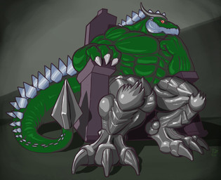 abs anthro big_muscles biped chair claws furniture horn huge_muscles jaws male male_anthro muscular on_chair pecs sitting sitting_on_chair solo spines tail toe_claws tyrannozilla grockle dinosaur kaiju ornithischian prehistoric_species reptile scalie stegosaurian thyreophoran
