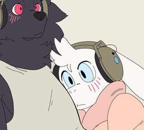 4_toes anthro barefoot bean_bag being_watched bird's-eye_view blank_stare blush bottomwear close-up clothing dark_body dark_fur denim denim_bottomwear denim_clothing duo electronics eyes_closed face_on_chest feet feet_on_feet frozen_expression fur hand_in_pocket hand_on_belly headphones high-angle_view hindpaw hoodie jeans looking_at_another looking_through looking_through_window male male/male motionless pants paws peaceful_expression plantigrade pockets resting rolled_up_pants rolling_over shirt surprised tank_top toes topwear view white_body white_feet white_fur window kamiwoolfe i_think_i_like_you leon_(i_think_i_like_you) ozzi_(i_think_i_like_you) sky_(i_think_i_like_you) ambient_cat canid canine canis demon lagomorph leporid mammal rabbit wolf animated no_sound short_playtime webm