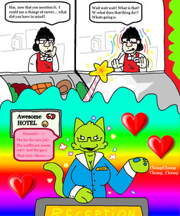 anthro apron breasts clothing contemplative dialogue eyewear female food gender_transformation glasses grocery_store happy heart_symbol magic magic_wand male rainbow rainbow_background receptionist scared simple_background solo star text transformation witchcraft work_uniform chompchump awesome_face epic_face safeway domestic_cat felid feline felis human humanoid mammal 2025 english_text meme watermark