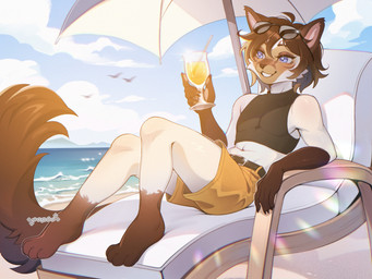 4_toes 5_fingers alcohol anthro bangs barefoot beach beverage black_clothing black_topwear blue_eyes bottomwear brown_hair brown_tail clothing cocktail day detailed_background eyewear eyewear_on_head feet fingers hair holding_cocktail male midriff navel paws plantigrade sea short_hair shorts sky smile solo sunglasses sunglasses_on_head tail toes topwear water wearing_sunglasses yellow_bottomwear yellow_clothing yellow_shorts cepto_(artist) domestic_cat felid feline felis mammal siamese_cat 2025 colored digital_drawing_(artwork) digital_media_(artwork) hi_res shaded