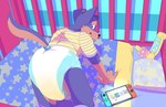 ageplay anthro biped bodily_fluids brown_body brown_fur brown_tail clothed clothing crib detailed_background diaper fur genital_fluids in_crib infantilism looking_back male multicolored_body multicolored_fur pattern_clothing pattern_shirt pattern_topwear pillow purple_blanket purple_body purple_fur purple_tail raised_tail rear_view roleplay shirt smile solo star_pattern striped_clothing striped_shirt striped_topwear stripes tail teeth topwear two_tone_body two_tone_fur two_tone_tail unclean_diaper urine used_diaper wearing_diaper wet_diaper yellow_clothing yellow_shirt yellow_topwear daire301 nintendo nintendo_switch daire_(dog) canid canine canis domestic_dog mammal 2021 digital_media_(artwork) hi_res