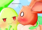 :s black_nose blush brown_body brown_fur chest_tuft chikorita close-up duo eevee ellipsis english_text fur generation_1_pokemon generation_2_pokemon green_body green_skin humor nintendo pizzle pokemon pokemon_(species) reaction_image red_eyes smug text tuft wide_eyed worried