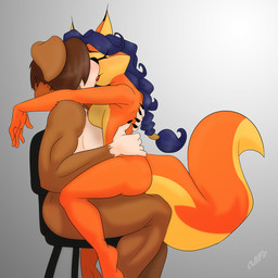 anthro areola big_tail biped black_hair black_markings black_nose breasts brown_hair chair cheek_tuft claws countershade_face countershade_tail countershade_torso countershading dipstick_ears duo ear_markings eyebrows eyes_closed facial_tuft female floppy_ears fluffy fluffy_tail furniture gloves_(marking) hair kissing male male/female markings medium_breasts multicolored_body multicolored_ears nipples nude on_chair on_lap ponytail red_body short_hair side_view simple_background sitting sitting_on_chair sitting_on_lap tail tan_body tan_countershading tongue tongue_out tuft two_tone_body white_body white_countershading white_markings miniferu sly_cooper_(series) sony_corporation sony_interactive_entertainment sucker_punch_productions carmelita_fox canid canine canis domestic_dog fox mammal 1:1 2025 hi_res