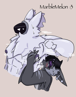 anthro armpit_sniffing black_hair blush bodily_fluids confusion duo ear_piercing eye_scar facial_scar fluffy grey_body groping_chest hair hand_scar lactating machine male male/male male_lactation muscular muscular_male musk musky_armpit nipples piercing scar sniffing sweat visor_eyes white_body thesmollestboi odin_(thesmollestboi) smolshork aquatic fish protogen shark absurd_res hi_res watermark