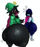 anthro armor big_butt black_body blue_body blue_hair blue_skin bodily_fluids butt cape clothing covered_eyes duo eyewear fur glasses hair hat headgear headwear huge_butt male male/male scarf shirt sweat sweaty_butt topwear wide_hips witch_hat anothercat deltarune undertale_(series) kris_(deltarune) ralsei bovid caprine darkner goat human mammal 2024 hi_res