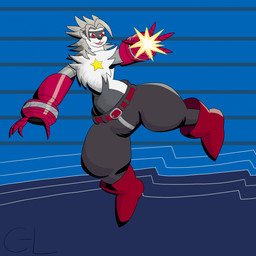 ambiguous_gender anthro arm_cannon belt boots bottomwear clothing cybernetic_arm cybernetic_limb footwear fur grey_body grey_fur grey_hair hair mechanical_arm open_mouth pants red_eyes shoes star white_body white_fur cyborg-lucario bandai_namco digimon digimon_beatbreak digimon_(species) wolvermon 1:1 2025 digital_media_(artwork) hi_res