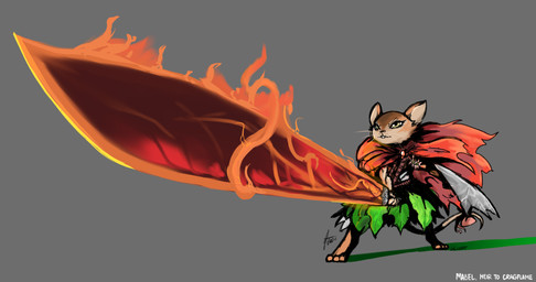 accessory anthro barefoot brown_body brown_fur buckteeth cape clothing feet female flaming_sword flaming_weapon fur furgonomics grey_background holding_melee_weapon holding_object holding_sword holding_weapon leaf_clothing melee_weapon red_cape red_clothing ribbons simple_background solo standing sword tail tail_accessory tail_ribbon teeth weapon whiskers glubtastic hasbro magic:_the_gathering wizards_of_the_coast mabel_(magic:_the_gathering) mammal mouse murid murine rodent 2024 digital_media_(artwork) hi_res