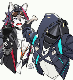 5_fingers ambiguous_gender ambiguous_human anthro armor bangs black_hair bodily_fluids breasts chest_tuft claws cleavage_cutout clothing collar cute_fangs cutout dog_toy duo ear_piercing eyebrows eyelashes eyewear eyewear_on_head fangs female female_anthro fingers flabbergasted fur gloves grey_body grey_eyes grey_fur hair hand_on_head handwear holding_bone hoodie inner_ear_fluff looking_at_another medium_breasts multicolored_hair obscured_face open_mouth pauldron piercing pose pupils raised_arm red_hair simple_background slit_pupils spiked_collar spikes star_emanata sunglasses sunglasses_on_head sweat sweatdrop teeth text topwear tuft two_tone_hair wearing_sunglasses white_inner_ear_fluff mochusama arknights hypergryph naoya_hair_flip studio_montagne doctor_(arknights) lupina_(arknights) canid canine canis human mammal wolf 2026 artist_name colored dated detailed digital_drawing_(artwork) digital_media_(artwork) half-length_portrait hi_res meme portrait shaded signature