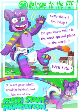 ageplay ambiguous_gender anthro chibi diaper flyer_(pamphlet) fur male multicolored_body pamphlet roleplay solo text young ahcocqui domestic_cat felid feline felis humanoid mammal absurd_res comic digital_media_(artwork) english_text hi_res