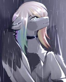 ambiguous_gender bodily_fluids choker ears_down feral folded_wings highlights_(coloring) jewelry looking_up necklace pivoted_ears raining solo tears vent_art wings buvanybu mythology equid equine mammal mythological_creature mythological_equine pegasus 4:5 half-length_portrait hi_res portrait
