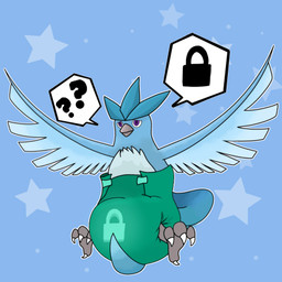 ambiguous_gender big_diaper clean_diaper clothed clothing countershading dialogue_box diaper diaper_only lock locked_diaper permanent question_mark solo star topless wearing_diaper unknown_artist nintendo pokemon articuno avian generation_1_pokemon legendary_pokemon pokemon_(species) 1:1 low_res