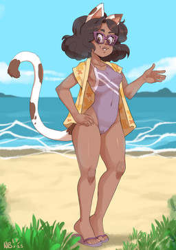 5_fingers 5_toes breasts brown_body brown_fur brown_hair brown_skin camel_toe clothed clothing cloud dark_body dark_hair dark_skin day eyewear feet female fingers flip_flops footwear fur glasses grass hair markings nipple_outline one-piece_swimsuit outside plant plantigrade raised_heel rectangular_glasses sandals seaside shoes short_hair small_breasts solo spots spotted_body spotted_fur spotted_markings spotted_tail standing swimwear tail tail_markings tiptoes toes towel white_body white_fur nerdbayne animal_humanoid cat_humanoid felid felid_humanoid feline feline_humanoid humanoid mammal mammal_humanoid 2025 absurd_res hi_res
