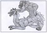 2_heads anthro caressing conjoined duo male multi_body multi_head multifur petting side_view solo_focus stroke tail kimeramao mythology dragon feral_taur multi_taur mythological_creature mythological_scalie scalie taur full-length_portrait graphite_(artwork) greyscale monochrome portrait traditional_media_(artwork)