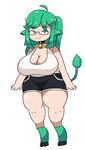 big_breasts breasts clothing cowbell eyewear feet female furry_feet glasses green_feet green_hair hair shirt simple_background solo tank_top thick_thighs topwear wearing_glasses white_background sycne animal_humanoid bovid bovid_humanoid bovine bovine_humanoid cattle_humanoid humanoid mammal mammal_humanoid hi_res