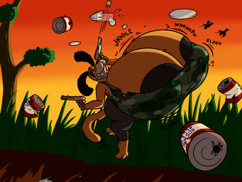 anthro areola big_breasts black_areola black_eyes bottomwear breasts bullet camo camo_print can clothing container female floppy_ears gun half-closed_eyes holding_gun holding_object holding_ranged_weapon holding_weapon huge_breasts hyper hyper_breasts narrowed_eyes nipple_outline onomatopoeia orange_body pants ranged_weapon shirt smile solo sound_effects text topwear weapon mattthetooncat duck_hunt nintendo duck_hunt_dog canid canine canis domestic_dog mammal 4:3 english_text
