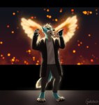 anthro bottomwear claws clothing digitigrade electronics embers eyes_closed fire fur hair holding_microphone holding_object long_coat male microphone pants pawpads performance pyrotechnics screen shirt singing solo spotlight stage t-shirt teal_body teal_fur tight_bottomwear tight_clothing tight_pants toe_claws topwear white_hair wings gaikotsu canid canine canis coyote mammal 2024 hi_res signature