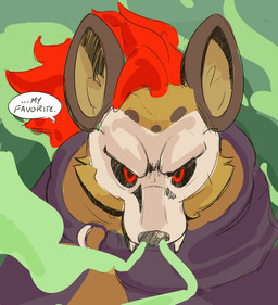 anthro bone bone_mask cloak clothed clothing fur gas hair inhaling looking_at_viewer male mask red_eyes red_hair simple_background skull skull_mask smoke solo teeth text isthatscoops dc_comics lovers_of_aether rivals_of_aether superman_(series) forsburn hyena mammal spotted_hyena 2025 digital_media_(artwork) english_text hi_res meme portrait