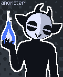 :> anthro biped black_body blue_fire colored_fire elemental_manipulation fire fire_manipulation grey_background halftone_background horn magic male masked_male outline pattern_background pointy_ears simple_background solo unusual_eyes white_mask white_outline anonster demon horned_humanoid humanoid shadow_creature digital_media_(artwork) half-length_portrait halftone pixel_(artwork) portrait watermark