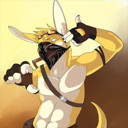anthro clothed clothing eyewear eyewear_on_head front_view fur gloves goggles goggles_on_head handwear head_tuft kerchief looking_at_viewer male male_anthro simple_background solo tail topless tuft white_body white_ears white_fur white_tail yellow_body yellow_ears yellow_fur yellow_tail solaxe_(artist) solaxe kangaroo macropod mammal marsupial 1:1 half-length_portrait portrait