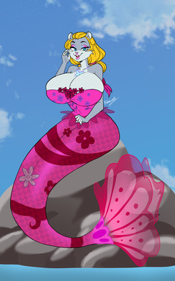 anthro big_breasts blonde_hair blue_eyes blue_sky breasts clothing female floral_clothing floral_pattern fur grey_body grey_fur hair hair_bun huge_breasts jewelry lipstick makeup mermaid_tail multicolored_body multicolored_fur necklace on_rock pink_armlet pink_clothing pink_topwear rock sea sitting sitting_on_rock sky solo split_form topwear water white_body white_fur wide_hips keniahoward18 barbie_fairytopia:_mermaidia conker's_bad_fur_day rareware berri elina_(barbie) aquatic chipmunk ground_squirrel mammal merfolk rodent sciurid 5:8 hi_res