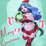 anthro black_lips blue_hair breasts choker cleavage clothed clothing female gift gloves green_eyes hair handwear holding_object holidays jewelry lips long_hair midriff navel necklace on_one_leg open_mouth plantigrade simple_background smile solo standing hawtmoon christmas ms._cotton bear mammal polar_bear ursine 1:1 2020 absurd_res hi_res