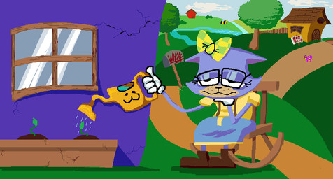 accessory anthro big_forehead boots bored bottomwear bow_ribbon brown_snout building chair checkered checkered_clothing clothing cloud cracked_wall easter_egg_(meta) elbow_on_knee eyelashes eyewear female female_anthro fence field footwear for_sale furniture gardening glasses gloves grass hair_accessory hair_bow hair_ribbon hand_on_chin handwear horizon house insult mailbox on_chair pathway pattern_clothing plant purple_body rectangular_glasses ribbons river rocking_chair shirt shoes sign sitting sitting_on_chair skirt solo teal_bottomwear teal_clothing teal_skirt toony toony_eyes topwear tree watering_can wearing_glasses window yellow_clothing yellow_shirt yellow_topwear alexis_wasilla toontown_online toontown_rewritten arthropod bee butterfly domestic_cat felid feline felis hymenopteran insect lepidopteran mammal digital_drawing_(artwork) digital_media_(artwork) lineless microsoft_paint_(artwork) shaded
