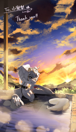 4_fingers ahoge anthro arm_support big_tail bikini bikini_bottom bikini_top black_bikini black_clothing black_highlights black_nose black_swimwear bone_collar_tag breasts button_ears cheek_tuft cleavage clothed clothing cloud collar collar_tag collarbone detailed_background ear_piercing eyelashes eyelashes_through_hair eyewear facial_tuft female fingers fishnet_clothing fishnet_topwear floppy_ears fluffy fur glasses grey_body grey_eyes grey_fur hair hand_on_knee hand_on_leg highlights_(coloring) hot_spring kemono leaning_on_elbow light looking_away mountain multicolored_body multicolored_hair pawpads piercing pink_pawpads plant sitting_in_water sky skyscape smile snout solo star steam sunset swimwear tail tied_hair topwear translucent translucent_hair tuft twilight two-piece_swimsuit two_tone_body two_tone_hair water white_body white_fur white_hair mochi0come miran_(prototrode) canid canine canis domestic_dog mammal absurd_res hi_res lighting signature watermark