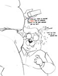 anthro belly big_belly blush bottomwear bulge clothing dialogue duo eyewear glasses humanoid_hands male male/male mature_male overweight overweight_male pants shirt solo_focus text tongue tongue_out topwear unprofessional_behavior bravo canid canine canis domestic_dog mammal 2022 english_text hi_res