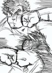 anthro blood bodily_fluids duo fight male muscular muscular_anthro muscular_male pecs punch ryuu_majin lifewonders tokyo_afterschool_summoners horkeu_kamui_(tas) kengo_(tas) canid canine canis human mammal wolf hi_res monochrome