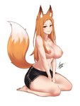 bottomwear breasts clothed clothing dipstick_tail female hair kneeling markings multicolored_tail nipples orange_eyes orange_hair shorts simple_background solo tail tail_markings topless white_background airisubaka animal_humanoid canid canid_humanoid canine canine_humanoid fox_humanoid humanoid mammal mammal_humanoid 2020 hi_res