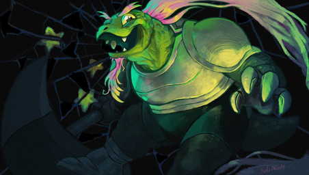 anthro armor eyebrows facial_hair goatee hair hammer long_hair male mature_male overweight pink_hair ponytail smile solo thick_eyebrows tools warhammer meshymayhem deltarune undertale_(series) gerson gerson_boom_(deltarune) reptile scalie turtle hi_res