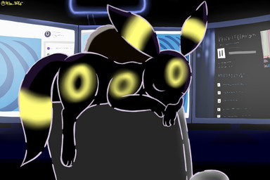 ambiguous_gender anthro black_body chair computer computer_monitor desktop electronics eyes_closed fur fur_markings furniture glowing glowing_markings hair markings neon_lights office_chair sleeping solo lunarpanda8686 nintendo pokemon canid eeveelution generation_2_pokemon mammal pokemon_(species) umbreon 3:2