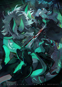 2_horns ambiguous_gender black_bottomwear black_clothing black_gloves black_handwear black_pants black_sclera blood blood_on_sword blood_on_weapon bodily_fluids bottomwear box clothing container detailed_background fence footwear fur gloves green_clothing green_eyes green_gloves green_handwear green_tongue grey_body grey_fur hair handwear head_horn high-angle_view holding_melee_weapon holding_object holding_sword holding_weapon horn licking_weapon looking_at_viewer melee_weapon pants raining shoes sitting sleeveless_shirt solo sword tail teeth text tongue tongue_out trash_can weapon white_clothing white_footwear white_hair white_shoes chiayeeee ambiguous_species mammal 2023 absurd_res chromatic_aberration digital_media_(artwork) digital_painting_(artwork) english_text hi_res neon_colors painting_(artwork) signature