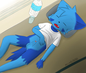 anthro blue_body blue_fur bottle bottomless clothed clothing container cup eyes_closed foreskin fur genitals humanoid_genitalia humanoid_penis lying male open_mouth penis shirt shirt_only single_tooth sleeping solo t-shirt t-shirt_only topwear topwear_only water white_clothing white_shirt white_t-shirt white_topwear young young_anthro young_male hazumazu haziq_(hazumazu) domestic_cat felid feline felis mammal 2015