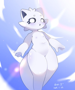 ambiguous_gender anthro big_tail black_sclera circle_eyebrows eyebrows floating glowing glowing_eyes looking_at_viewer nipples nude open_mouth sky skyscape smooth_skin solo tail white_body white_eyes shuiyee shuiye_(shuiyee) ambiguous_species 5:6 hi_res